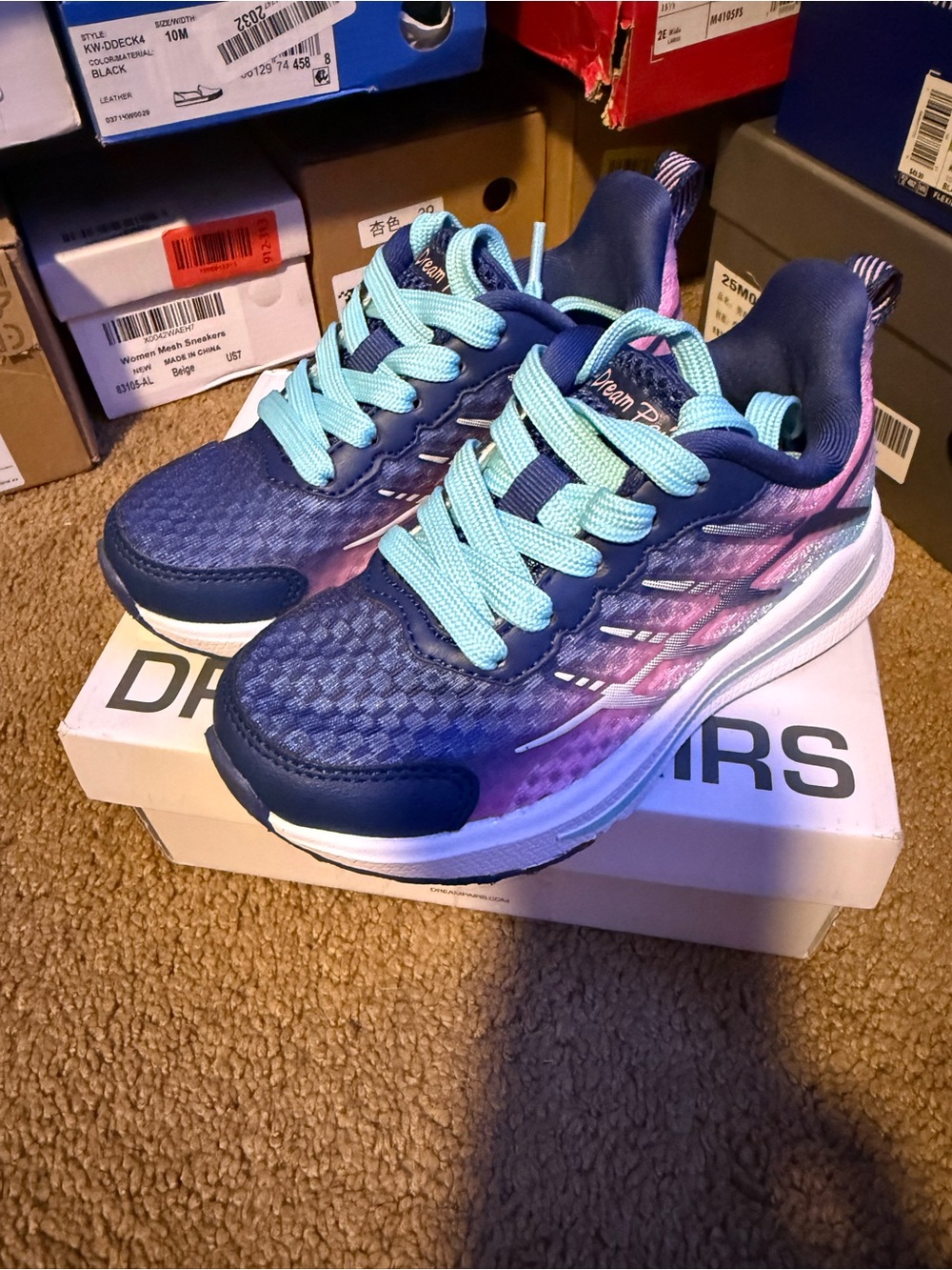 Girls Athletic Sneakers in Navy & Pink with Light Blue Laces